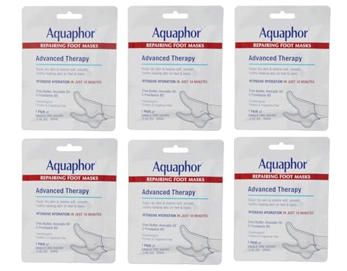 Aquaphor Repairing Foot Masks, Moisturizing Socks for Dry Feet, Hydrating Foot Care Treatment with Avocado Oil and Shea Butter, Pack of 6