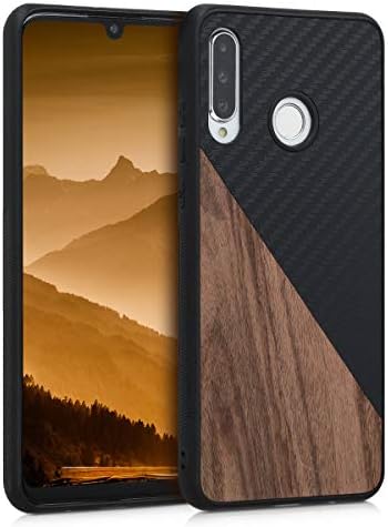 kwmobile Case Compatible with Huawei P30 Lite - Hard Phone Cover with TPU Bumper and Wood/Carbon Back - Dark Brown/Black