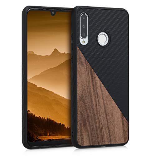 Kwmobile Case Compatible With Huawei P30 Lite - Hard Phone Cover With Tpu Bumper And Wood/Carbon Back - Dark Brown/Black #TOP27