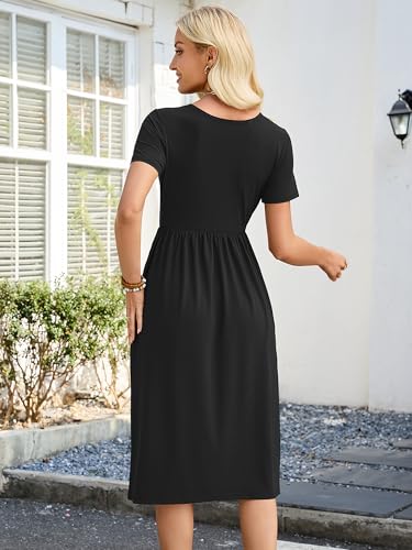 Image of Heymoments Women's Casual Short Sleeve Midi Dress Crewneck A Line Tiered Flowy Loose Travel Long Dresses with Pockets