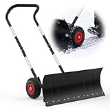 Snow Shovel Pusher for Driveway,Heavy Duty Steel Snow Shovel with Wheels,29 in Angled Blade Efficient Snow Removal,3 Level Adjustable Height Handle,Snow Plow with Safety Reflective Tape