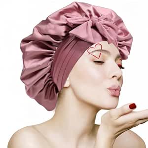 VECIIR Silk Bonnet for Sleeping, Hair Night Cap for Curly/Natural Hair, Pink, Large