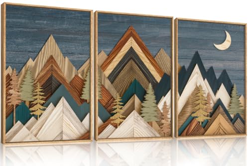 HPINUB Vintage Mountain Woodcut Style Framed Canvas Wall Art Set-16"x24"x3 | Pine Tree Wall Decor, Nature Country Wilderness Forest Artwork,Modern Navy blue Art Prints for Living Room,Bedroom,Farmhouse