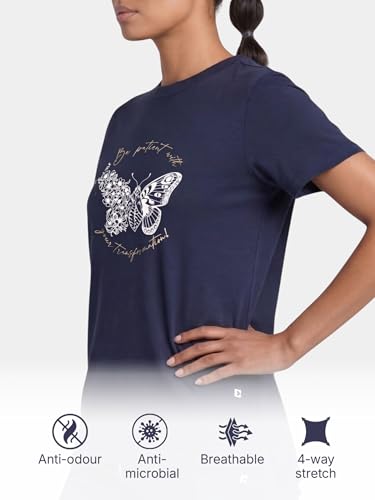 Image of Enamor Athleisure Relaxed Fit Short Sleeve Round Neck Antimicrobial Finish Breathable Stretch Cotton Activewear Sports Tshirt for Women - A301