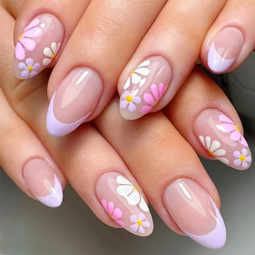 Cosmeria 24Pcs Press on Nails avec fleurs Daisy colorées, faux ongles courts en amande, kit d'ongles avec gelée, bâton en bois & fichier d'ongles pour DIY Manucure