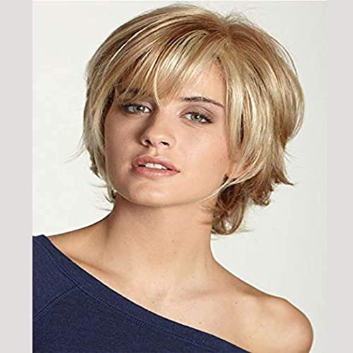 AIYLMZ Charming Brown Short Slight Wavy Real Synthetic Wig with Bangs Stylish Blonde Full Hair Wigs for Women Lady (Blonde)