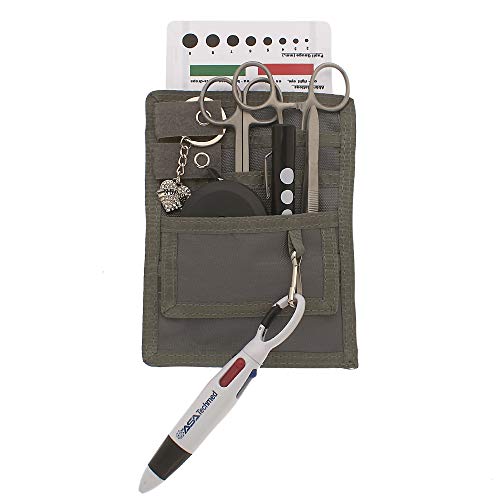 4 Pockets Nurse Organizer Pouch, Stainless Silver + Black Tools - Medical Instrument Organizer w/Lister Scissors, LED Penlight, Eye Chart, Chart Pen + More - ASA Techmed (Grey)