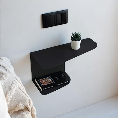 MILUKA Set 2 Mesitas de Noche Negras 40 x 20 cm - Mesillas de Noche Dormitorio en Metal, 2 Niveles - Mesita de Noche Flotante o recibidor de Entrada - Modelo GEOMI