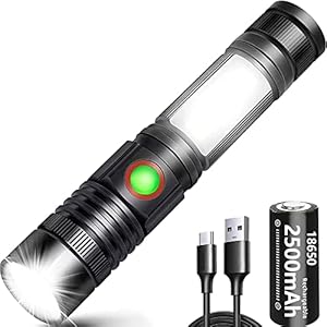 rehkittz torche lampe de poche led usb rechargeable puissante militaire lampe cob portable zoomable torche pour auto garage atelier camping bricolage (pile rechargeable incluse & magnétique au bas)