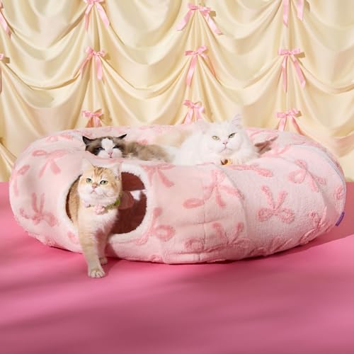 Image of Lesure Large Cat Tunnel Bed - Cute Donut Bed for Indoor Cats with Washable Circle Cushion, Round Pet Peekaboo Cave Toy for Multi Kitten /Puppy /Rabbit, Large Pink Taffy