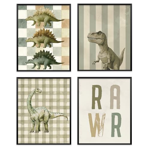 VONTP Retro Funny Dinosaur Wall Decor for Boys Toddler Dino Rawr Wall Art for Green Dinosaur Room Decor for Kids Bedroom Classroom Playroom 8x10 Inch Set of 4 (Unframed)