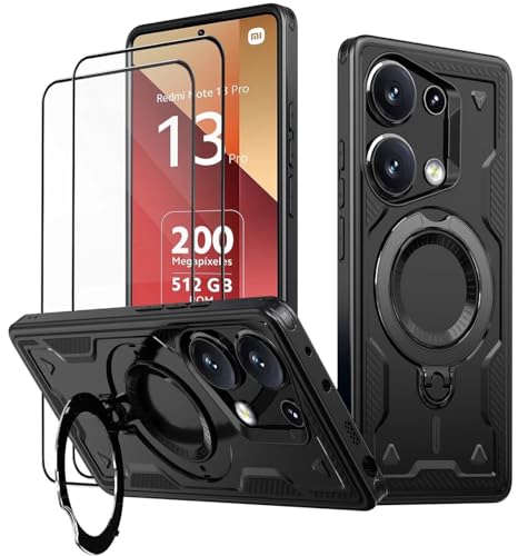 KANSi Hülle für Xiaomi Poco M6 Pro/Redmi Note 13 Pro 4G (Nicht 5G) mit Schutzglas*2 Militär Handyhülle Ständer Stoßfest Gehäuse mit Metallring Ringhalterung - Panzerhülle Schwarz