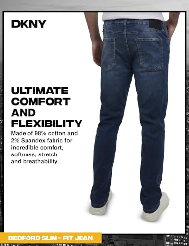 Image of DKNY Bedford Slim Fit Jeans for Men - Tapered Leg Stretch Denim Pants, Classic 5-Pocket Styling | Mens Slim Fit Jeans