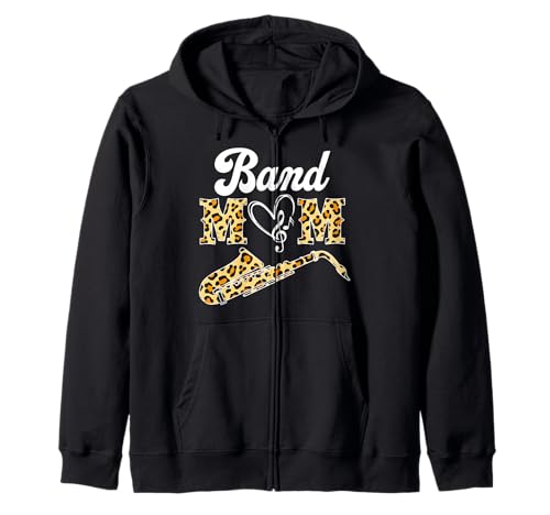 Proud Band Mom Leopard Print Musical Marching Band Saxophone Zip Hoodie
