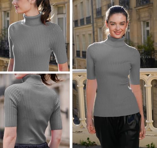 Image of v28 Women Turtleneck 1 /2 Half Sleeve Highly Stretchy Ribbed Knit Fitted Sweater