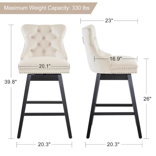 Image of Beige Swivel Bar Stools, Velvet Counter Height Bar Stools Set of 2 | 360 Swivel Bar Chairs, Solid Wood Legs, Upholstered Kitchen Island Stools, Modern Extra Wide Seat (Beige, 26 inch H, 2 Pack)