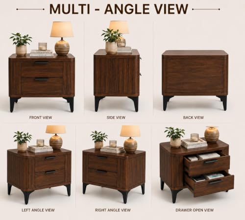 Image of Solid Sheesham Wood Bedside Table for Bedroom & Livingroom | Nightstand End Table with 2 Drawers Storage for Home | Modern & Luxury Design| (Walnut Finish)