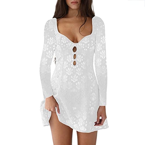 Women's Long Sleeved Lace Sexy Skirt Slim Hollow Dress A104