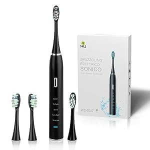 Spazzolino Elettrico Ultrasuoni, m MU Spazzolino Elettrico, Spazzolini Sonico con USB Ricaricabile, 4 Testine, 5 Modalità, 3 Ore di Ricarica Rapida per 30 Giorni, Nero