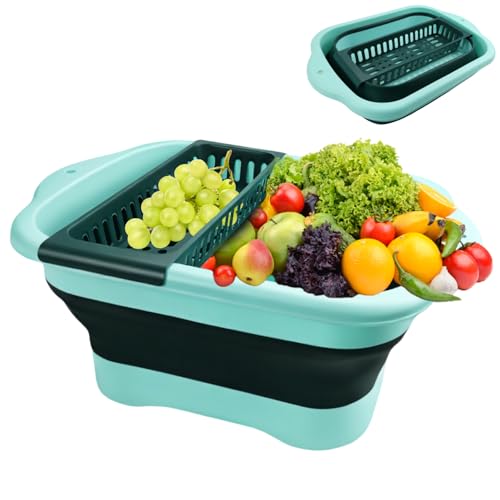 Collapsible Dish Basin with Drain Plug, Jaxbo 3Gallon Space Saving Outdoor Multiuse Foldable Sink Tub, Dishpan, Portable Kitchen Storage Tray for Vegetable Washing, Camping, RV
