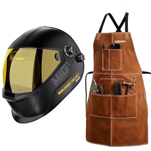 Image of MIGVAN Welding Helmet Auto Darkening H-21 with Leather MIG Welding Work Apron, Welding Hood True Color & Heat Flame Resistant Apron