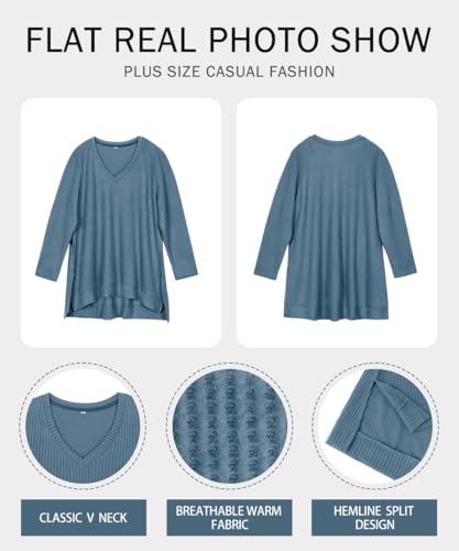 Image of RITERA Plus Size Women Sweaters Waffle Knit Pullover Top Long Sleeve Casual Crewneck Shirt Loose Split Hem Fall Winter Blouse