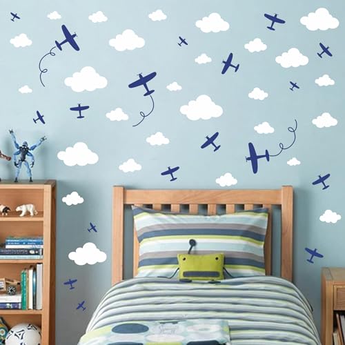 Airplane Wall Stickers Aircraft Plane Wall Decals Peel and Stick White Cloud Wall Decals Removable Vinyl Clouds Wall Stickers Vehicle Decal for Boys...