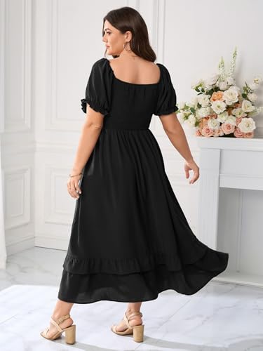 Image of Women's Plus Size Dress Square Neck Short Sleeve Smocked Elastic Waist Tiered Ruffle Hem Maxi Dresses
