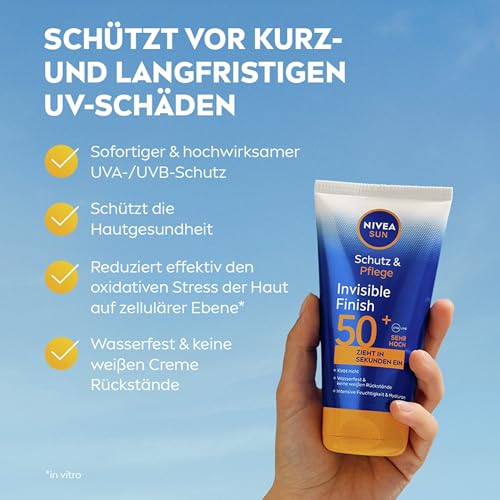 NIVEA SUN Schutz & Pflege Invisible Finish LSF 50+, wasserfester Sonnenschutz mit Hyaluron, schnell einziehende Sonnencreme für intensive Feuchtigkeit ohne weiße Rückstände (150 ml) 3