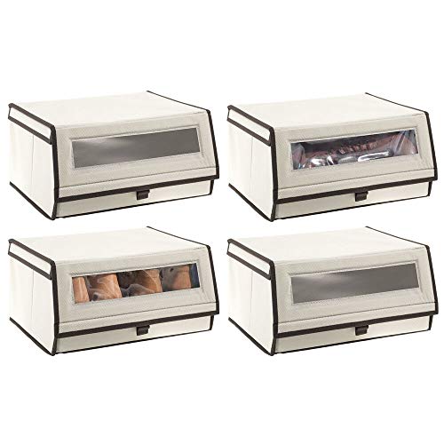 mDesign Juego de 4 Cajas para Zapatos de Tela – Cajas apilables con Ventana, Cierre de Velcro y Tapa abatible – Cajas organizadoras para armarios o estantes – Crema y marrón Oscuro