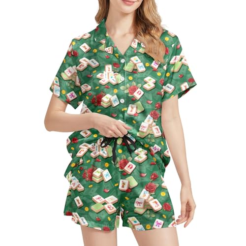 Image of Funny Satin Pajamas Set for Women Button Down Sleepwear Print Pjs Set 2 Piece Short Sleeve Loungewear Gift for Women