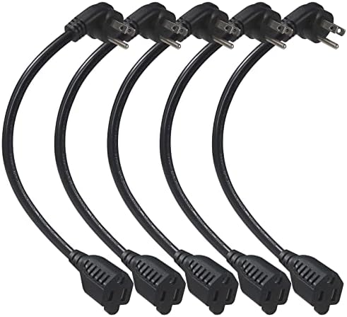 Short Flat Plug Extension Cord 1 Foot- Low Profile Angle Flat Plug Ground 1FT Indoor AC Extension Cord Short 3 Prong Grounded Extension Cord SJT 16AWG Heavy Duty Flexible Power Cord (5 Pack)