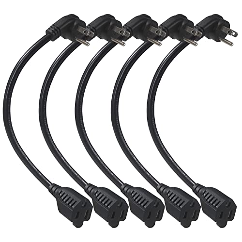 Short Flat Plug Extension Cord 1 Foot- Low Profile Angle Flat Plug Ground 1Ft Indoor Ac Extension Cord Short 3 Prong Grounded Extension Cord Sjt 16Awg Heavy Duty Flexible Power Cord (5 Pack) #TOP3