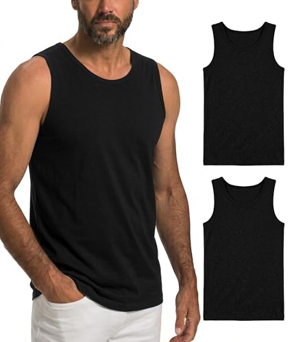 BEENIUBEE Men's 100% Merino Wool Tank Top, Moisture Wicking Breathable Shirts, Soft Odor Resistant Lightweight Base Layer Undershirt for Camping Hiking Travel Workout Commute 2 Pack (Black, M)