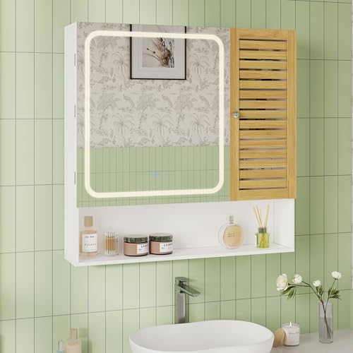 FORABAMB Spiegelschrank Bad mit LED-Beleuchtung&Steckdose 80cm Breit, Badezimmerschrank mit Bambustür & Verstellbarer Ablage,Badschrank mit HD-Spiegel,Offene Regale,Berührung Sensorschalter,80×16×77cm