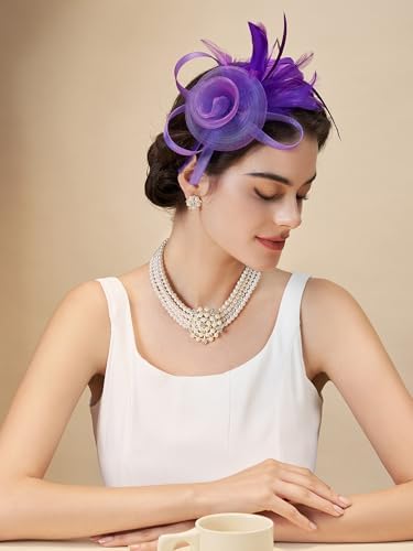 SWEETV Tulle Fascinators for Women, Tea Party Hats for Kentucky Fascinators Derby, Cocktail, Wedding, Fancy Dress Party