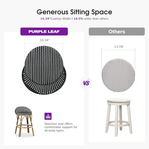 Image of PURPLE LEAF Patio Oversized Backrest Counter Height Stool Set of 1 Outdoor Round Barstools Aluminum Frame in Bamboo Finish Woven Rattan for Indoor Kitchen Dining Bistros Cafe Restaurant Black