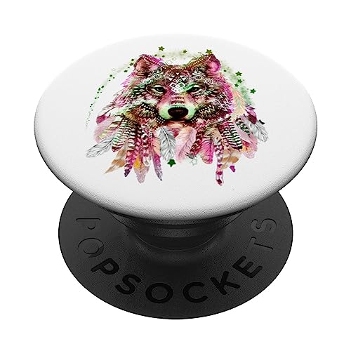 Native American Wolf Head Tribal Bohemian Tattoo Art PopSockets Swappable PopGrip, Black