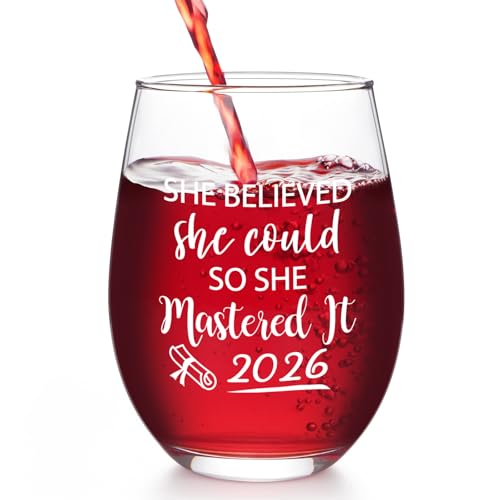 Futtumy Graduation Gifts, She Believed She Could So She Mastered It 2026 Stemless Wine Glass, 2026 Graduation Gifts for Her Friend Masters Degree College High School Graduates College Grad, 17Oz