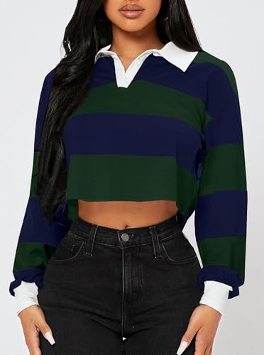 LovelyWholesale Women Striped Cropped Sweatshirts Polo Collar Long Sleeve Crop Tops4