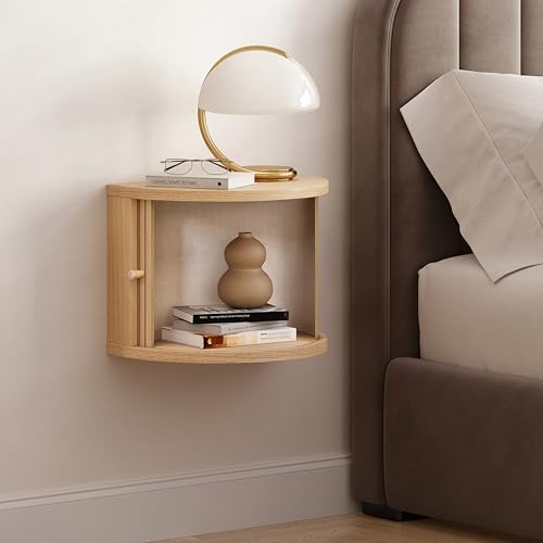 WERMO 16'' Floating Nightstand Shelf with a Sliding Door and Storage - Floating Bedside Shelf Wall Mount, Wall Mounted Wood Nightstand, Mid Century Modern Side Table (Oak)