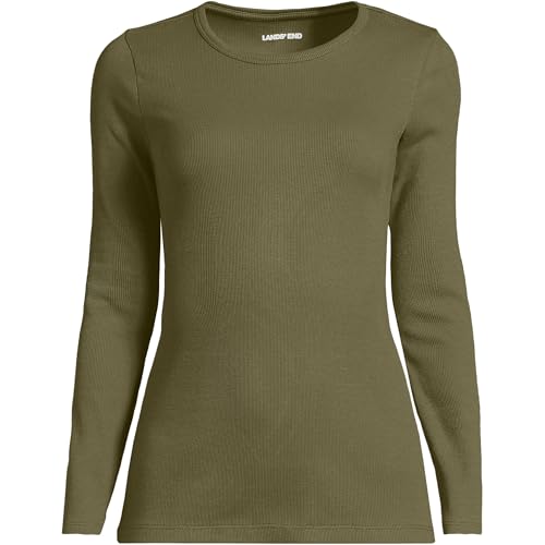 Image of Lands' End Womens Long Sleeve Micro Rib Crew Olive Drab Petite X-Small