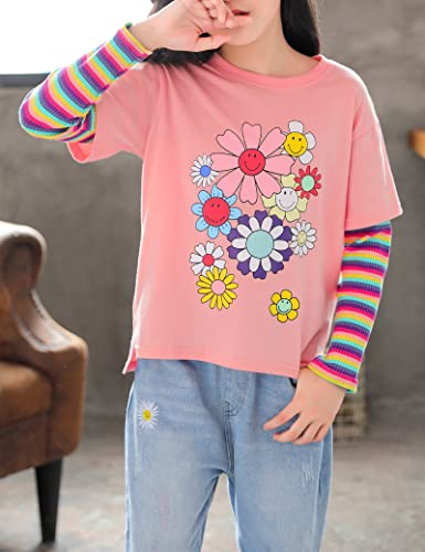 Kiench Girls' Long Sleeve T Shirts Cotton Tees 2-in-1 Look Crewneck Tops Floral4