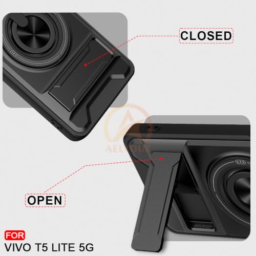 Image of Vivo T5 Lite 44W 5G Back Cover | Armor Camera Slider 360 Degree Rotating Finger Ring Holder Case with Bracket Stand Back Case Cover (Compatible with MagSafe Accessories) (Black)