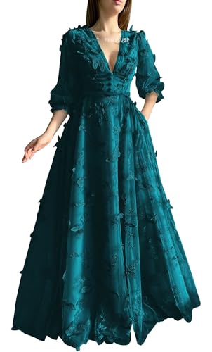 Long Sleeve Prom Dress 3D Butterfly Tulle Ball Gown for Women 2025 V Neck Puffy Formal Evening Gowns with Pockets