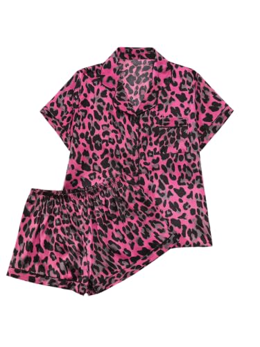 Image of SHENHE Women's 2 Piece Satin Pajama Set Leopard Short Sleeve Button Down Pj Shorts Set