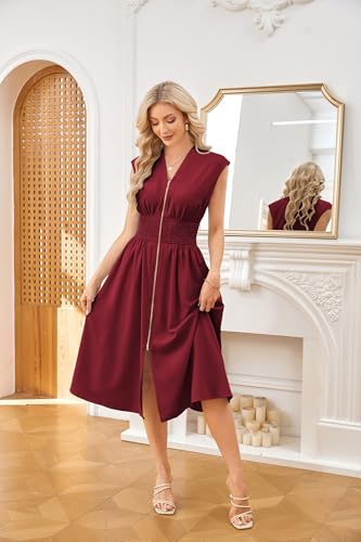 Image of GRACE KARIN Womens Summer Casual Dress, Business Office Work Dresses, Cap Sleeve Zipper Front Flowy Midi Dress with Pockets