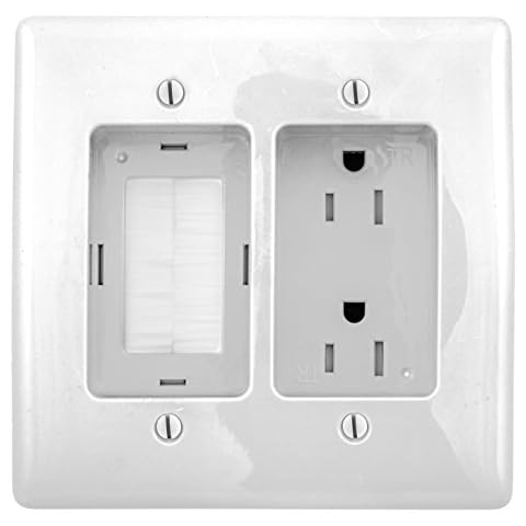 Bryant Electric RR1512W 2-Gang Recessed TV Connection Outlet Plate with 15 Amp 125V Tamper-Resistant Duplex Receptacle with One Pass-Thru Opening, White Cover