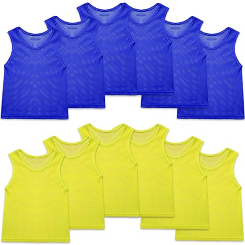 Sintege 12 Pcs Soccer Pinnies Pennies Jersey Scrimmage Vest Sports Practice Jersey Mesh Basketball Vest for Youth Adult Kids(Small,Yellow, Dark Blue)