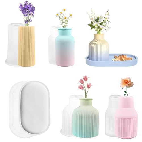 Molde de Silicona 5 Unidades para Jarrones y Bandeja, Molde para Resina Epoxi DIY, Moldes para Hormigón, Velas - Kit de Moldes Flexible